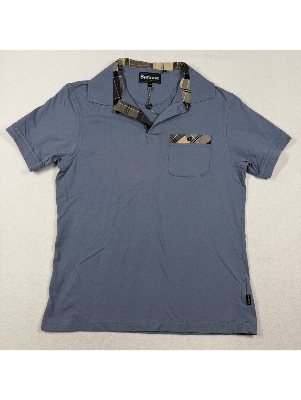 Barbour Mens Blue Short Sleeve Polo Shirt Size M Plaid Pocket Detail Casual New